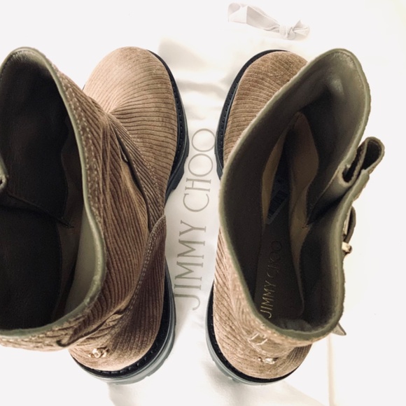 Jimmy Choo Leather Beige Clay Pull On Flat Ankle Suede Corduroy Buckle Boots - Picture 9 of 13